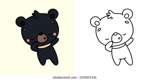 Black Bear Clipart for Coloring Page and Multicolored Illustration. Adorable Clip Art Himalayan Bear. Vector Illustration of a Kawaii Animal for Coloring Pages, Prints for Clothes, Stickers, Baby Show