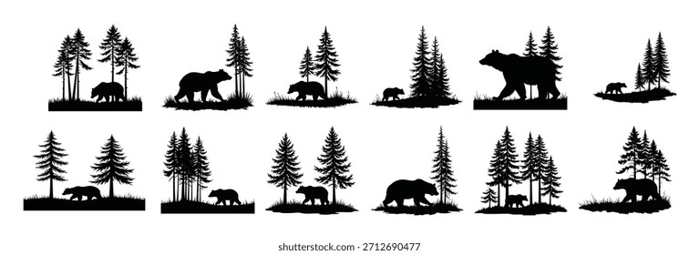 Schwarzer Bär und Junge Silhouetten mit Kiefern Baby Bär