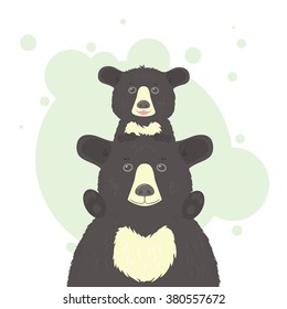 A black bear cub sitting on a papa bear's shoulders, a single composition on a white and light-green background. Vector illustration