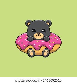 Black Bear with Donuts Cute Cartoon Illustration