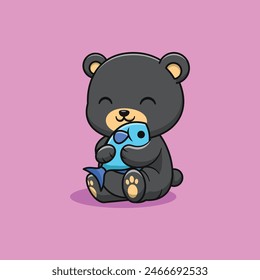 Black Bear is Eating Fish Cute Cartoon Illustration
