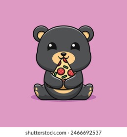 Black Bear Eats Pizza Cute Cartoon Illustration