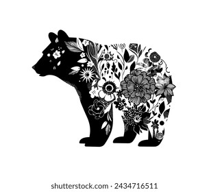 black bear of flowers. Vector illustration. T-shirt printing. hand drawing. Not AI