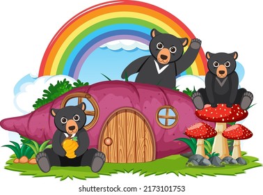 Black bear group with taro house illustration