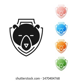Black Bear head on shield icon isolated on white background. Hunting trophy on wall. Set icons colorful. Vector Illustration