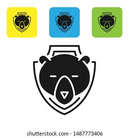 Black Bear head on shield icon isolated on white background. Hunting trophy on wall. Set icons colorful square buttons. Vector Illustration