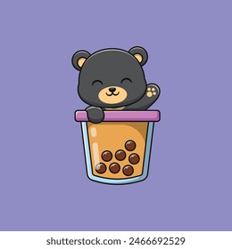 Black Bear with Milk Tea Cute Cartoon Illustration