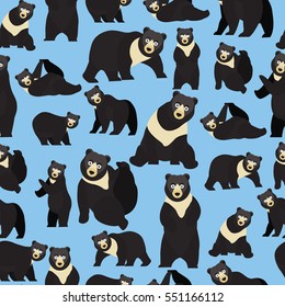 Black bear on blue background pattern. Animal seamless pattern design. 