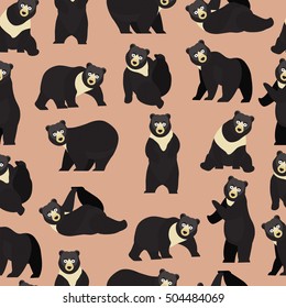 Black bear on brown background pattern. Animal seamless pattern design. 