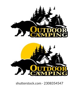 Black bear on forest background, letters icons vector.
