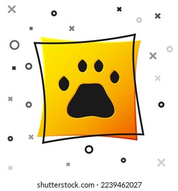 Black Bear paw footprint icon isolated on white background. Yellow square button. Vector