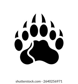 A black bear paw print is displayed against a white background, showcasing the animal's footprint.