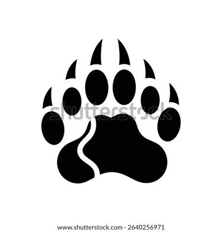 A black bear paw print is displayed against a white background, showcasing the animal's footprint.