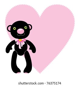 Black bear with pink heart. Vector illustration