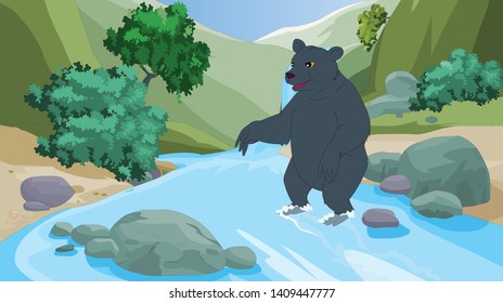 black bear Rocky mountains in lake - vector