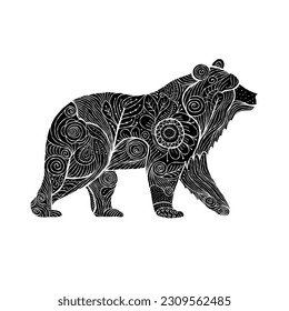 Black Bear silhouette with abstract Floral Ornament isolated on white