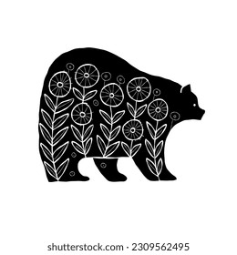 Black Bear silhouette with abstract Floral Ornament isolated on white