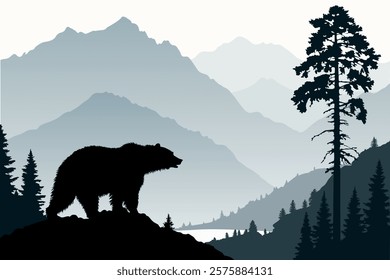 Black Bear Silhouette Against Majestic Mountains in a Serene Landscape