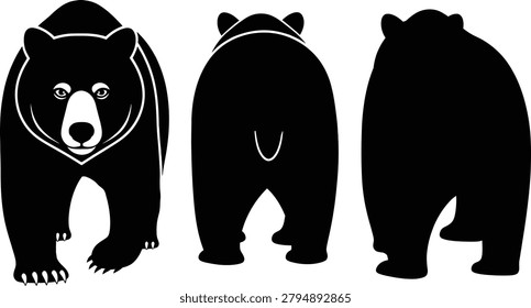 Black bear silhouette collection with front back side animal profiles