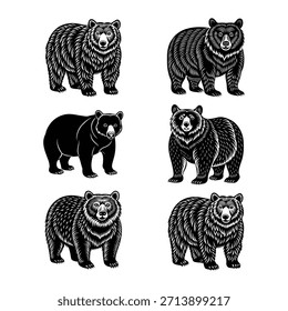 Conjunto de silueta de oso negro aislado sobre fondo blanco