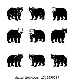 Conjunto de silueta de oso negro aislado sobre fondo blanco
