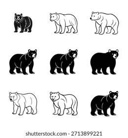 Schwarzer Bär, Silhouettensatz einzeln auf weißem Hintergrund