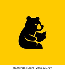Black bear silhouette, sitting and holding a book, on a bright yellow background