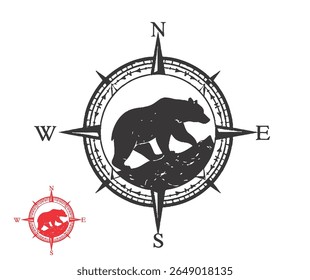 Uma silhueta de urso preto está sobre rochas dentro de um design de rosa de bússola, sugerindo exploração e navegação na natureza.