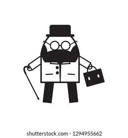 Black beard old man walking with walking stick black and white cartoon vector illustration