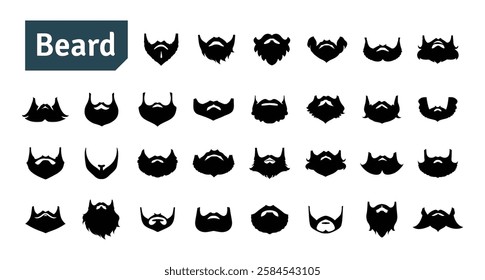 Black Beard Vector Set. Barbershop and Haircut Graphic Collection. Vector Set of Dress Up Constructor. Hipster Men Style Creation Kit Elements.