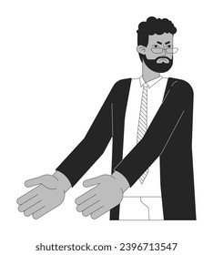 Black bearded boss arguing black and white 2D line cartoon character. Eyeglasses african american adult man isolated vector outline person. White collar manager monochromatic flat spot illustration