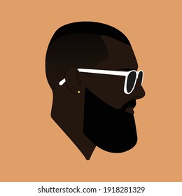 Hombre negro barbudo con gafas de sol y arete. Cabeza masculina con gafas. Silueta de cabeza de hombre. Ilustración de Man Flat. 