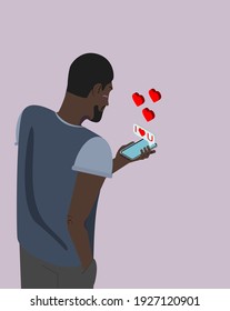 Black bearded man with smartphone. Smartphone and pop-up "i love you". Isometric illustration