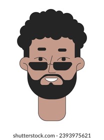 Black bearded man sunglasses 2D linear vector avatar illustration. Adult african american male smiling outline cartoon character face. Cool confident guy beard flat color user profile image isolated