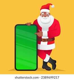 Black bearded Santa Claus leans on a large phone with a chroma key. African Santa points to the smartphone screen. Christmas concept for mobile app advertising. Vector illustration. svg
