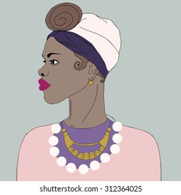 Black beautiful  African American woman with earrings, turban and necklace. Vector. Retro style.