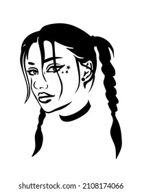 Black beautiful fashion teen girl young woman beautiful lady head face profile vector silhouette drawing with two braids hairstyle.Hair.Plotter laser cut.Vinyl wall sticker decal.T shirt print. DIY.