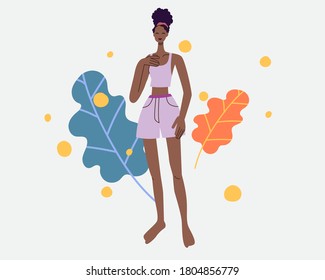 Black beautiful female figure and leaves and flower, Body positive in dressed  trendy swimsuits standing poses,  Minus size women, Vector illustration in flat style