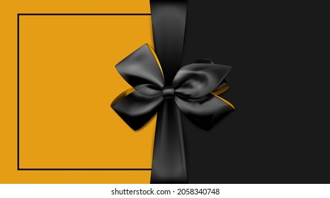 Black beautiful ribbon with bow on black and yellow background. Half hidden frame. Vector illustration.