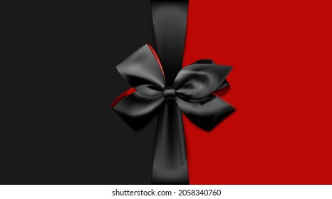 Black beautiful ribbon with bow on black and red background. Vector illustration.