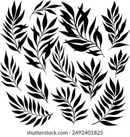 Black Beautiful Tropical Leaves Silhouette Vector Isolated Elements Set for Laser Cutting