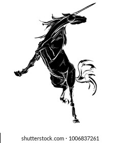 Black beautiful unicorn horse. Black and white vector design