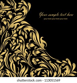 Black beautiful vintage swirl abstract gold card vector eps 8 for brochure, wallpaper, background, backdrop, banner, border, emblem, label, invitation, postcard greeting, wedding card, illustration