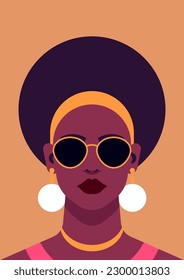 Schwarz schöne Frau Kunst-Farbporträt für T-Shirt-Print-Karte Poster, Vektorgrafik. Afroamerikanisch starke Modeweibchen auf Sonnenbrille, tapfere weibliche Unterstützung auf beigem Hintergrund