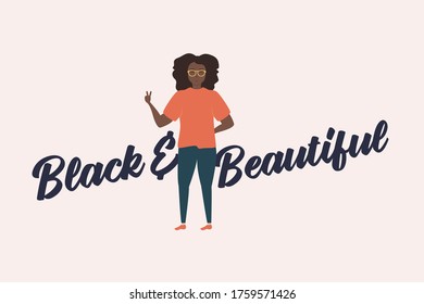 Black and Beautiful Woman of Color, Black Woman Character Cartoon, Human Being, Person Vector Illustration Background
