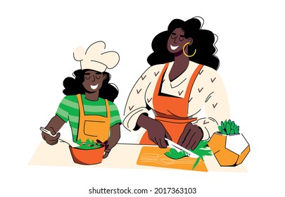 Black beautiful woman cooking with kid. Time with your child. Cooks together. Girl in chef's hat. Vector illustration on white background.