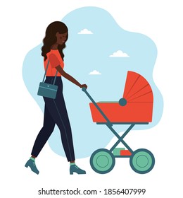 Black Beautiful Woman Goes With A Stroller Vector Illustration On A White Background. Conceptual Illustration In Flat Style.