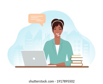 Mujer negra hermosa con auriculares y micrófono con laptop. Personal del departamento de atención al cliente, agentes de telemarketing. Servicio de asistencia en línea, centro de llamadas. Ilustración vectorial en estilo plano. 