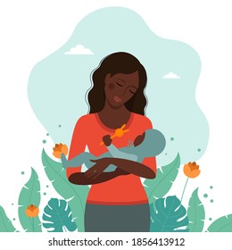 Black beautiful woman holding a baby in her arms vector illustration on a white background. Conceptual illustration in flat style.