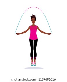 Black beautiful woman jumping rope. Vector illustration